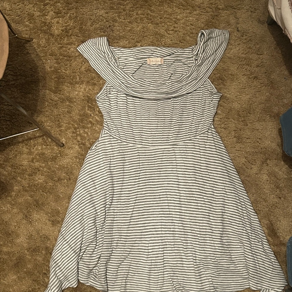 Altar'd State Gray and White Striped Casual Sundress with Cowl Neck